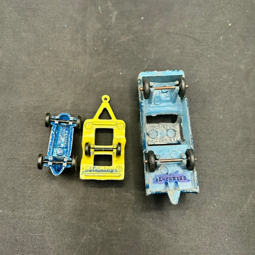 Vintage Tootsietoy Blue El Camino Truck with Race Car & Trailer 60s Diecast